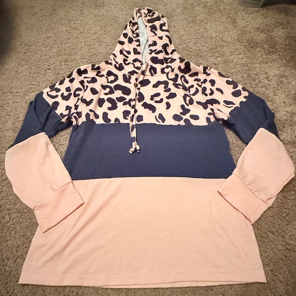 Dash of Glitter Womens Leopard Colorblock Hoodie Peach Navy Blue Small